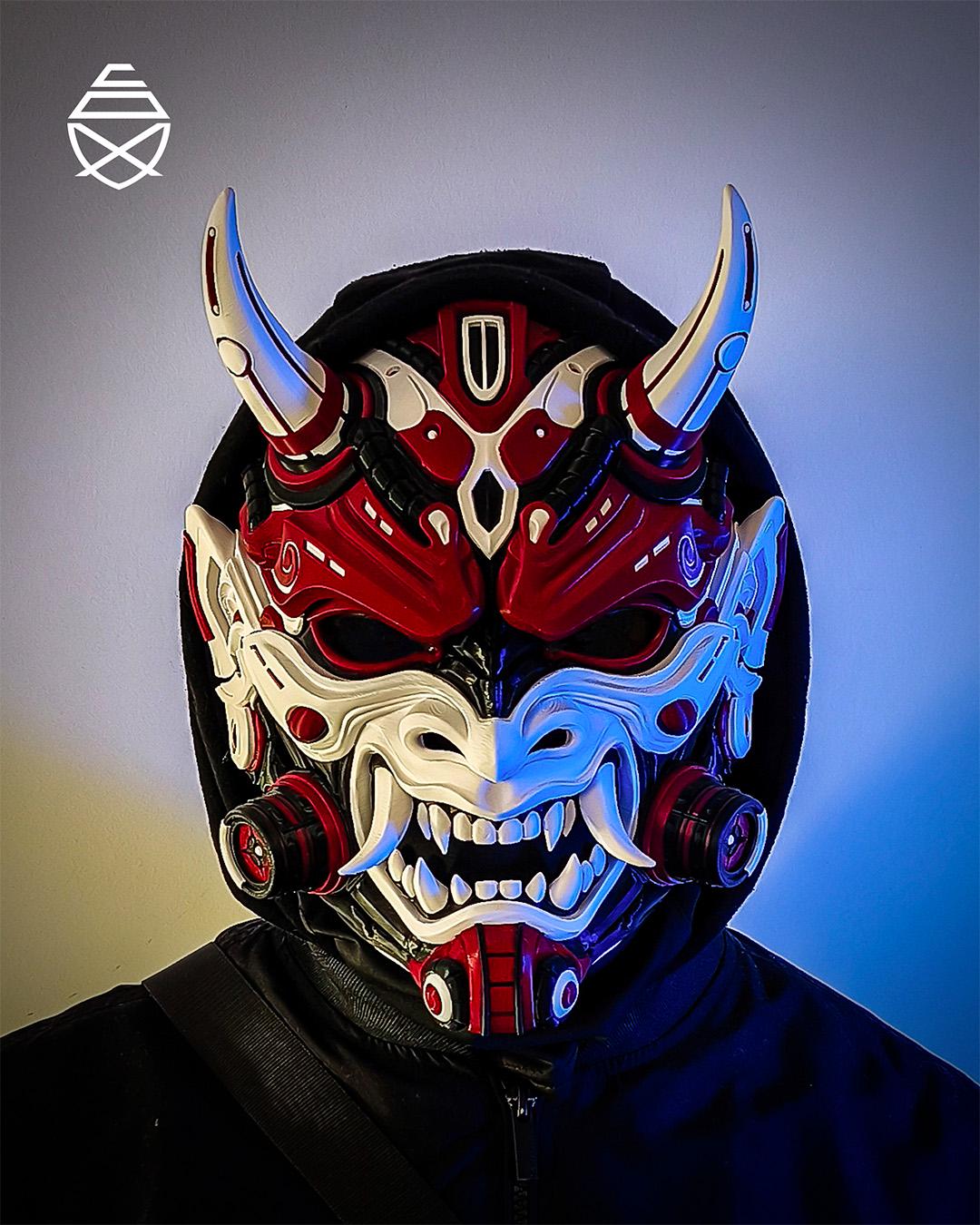 Referans görsel — TETSU Oni Giyilebilir Maske. Wefty Design'in kendi baskısının fotoğrafı değildir.