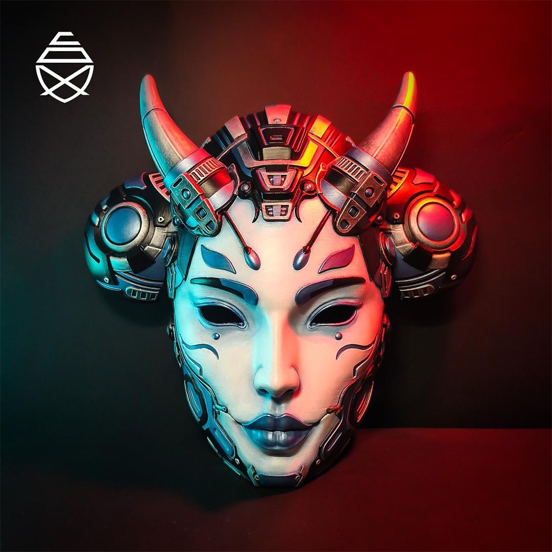 Referans görsel — TETSU Hannya Giyilebilir Maske. Wefty Design'in kendi baskısının fotoğrafı değildir.