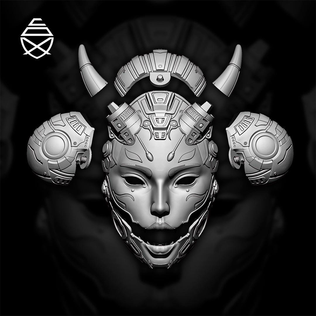 Referans görsel — TETSU Hannya Giyilebilir Maske. Wefty Design'in kendi baskısının fotoğrafı değildir.