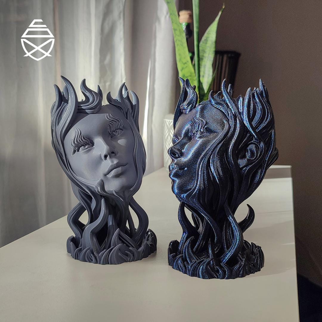 Referans görsel — Alev Saçlı Yüz Saksısı. Wefty Design'in kendi baskısının fotoğrafı değildir.