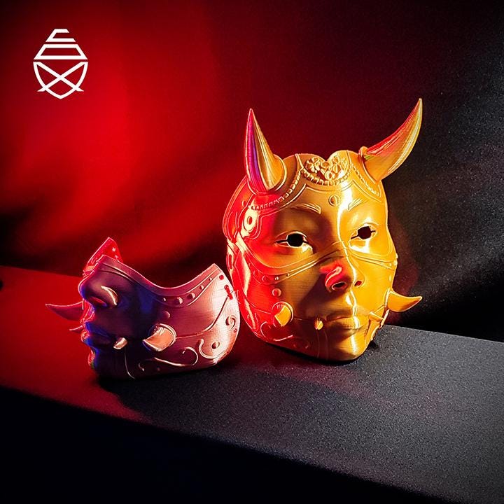 Referans görsel — Hannya Giyilebilir Maske. Wefty Design'in kendi baskısının fotoğrafı değildir.
