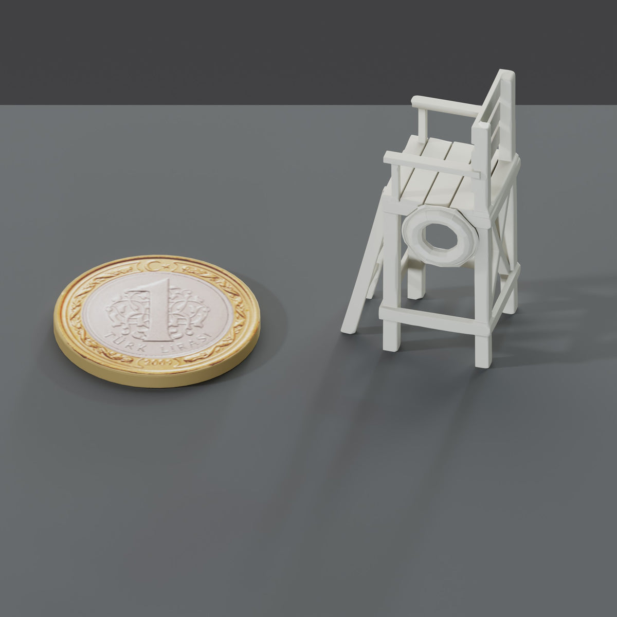 Minyatür Cankurtaran Kulesi No.6 — Düşük Poligon — ölçekli render: 1 TL madeni paranın yanında XL boy (37 mm)