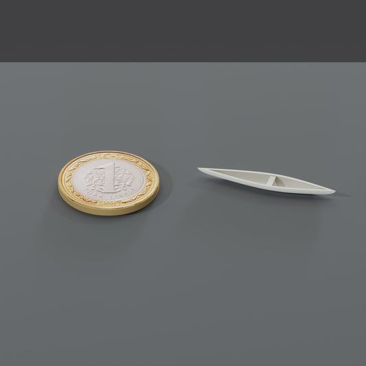 Minyatür Kano No.37 — ölçekli render: 1 TL madeni paranın yanında XL boy (37 mm)