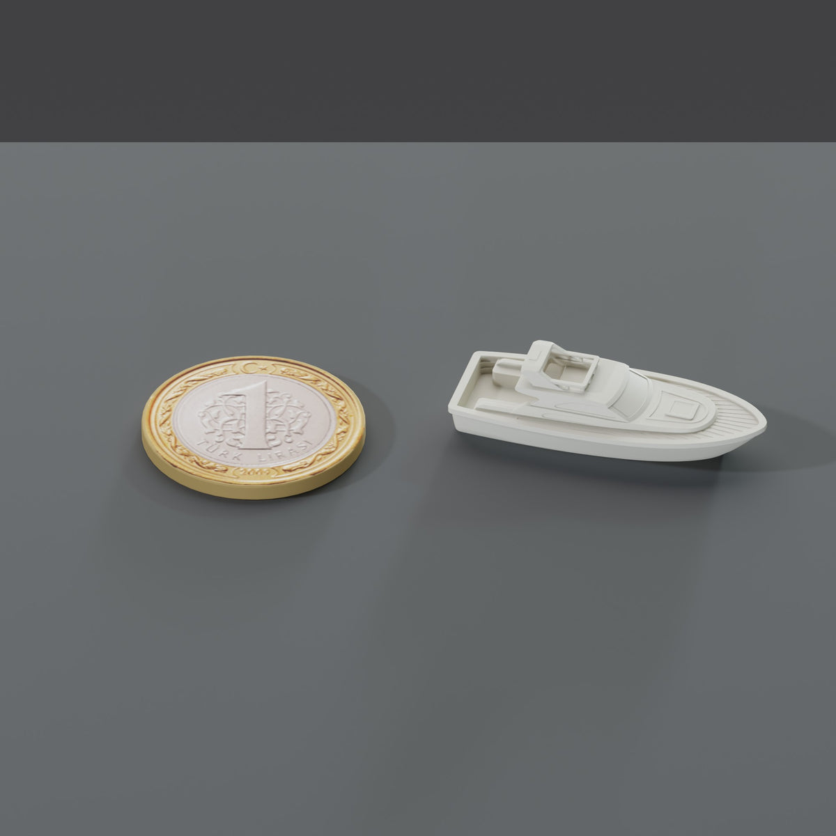 Minyatür Motorlu Tekne No.19 — Yüzer — ölçekli render: 1 TL madeni paranın yanında XL boy (37 mm)