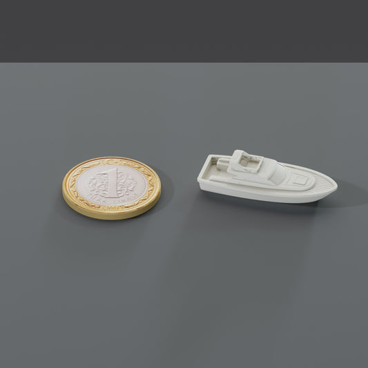 Minyatür Motorlu Tekne No.19 — Yüzer — ölçekli render: 1 TL madeni paranın yanında XL boy (37 mm)