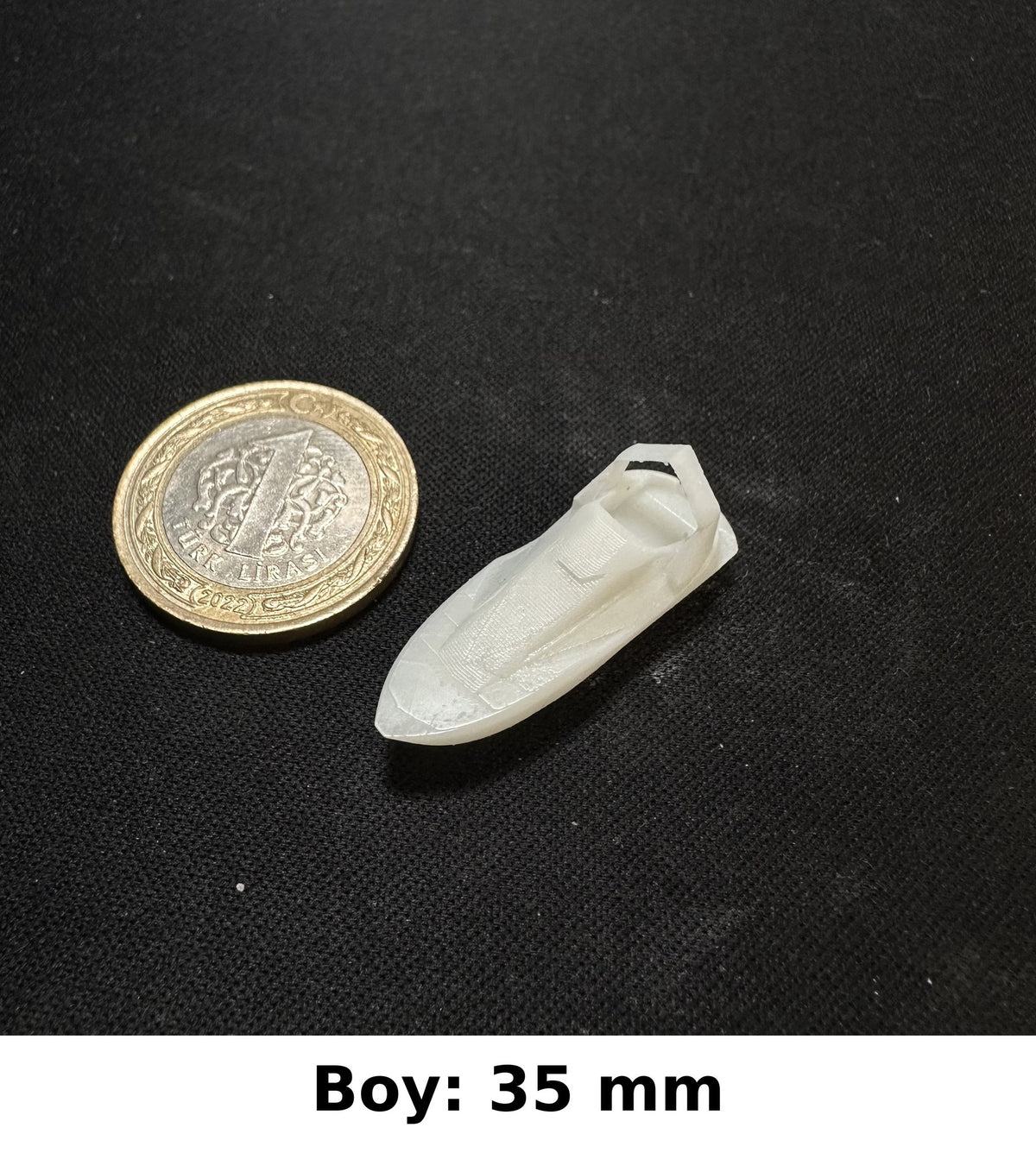 Minyatür Motorlu Tekne No.39 — Wefty baskısı, 1 TL madeni para ile ölçek karşılaştırması (Boy: 35 mm)