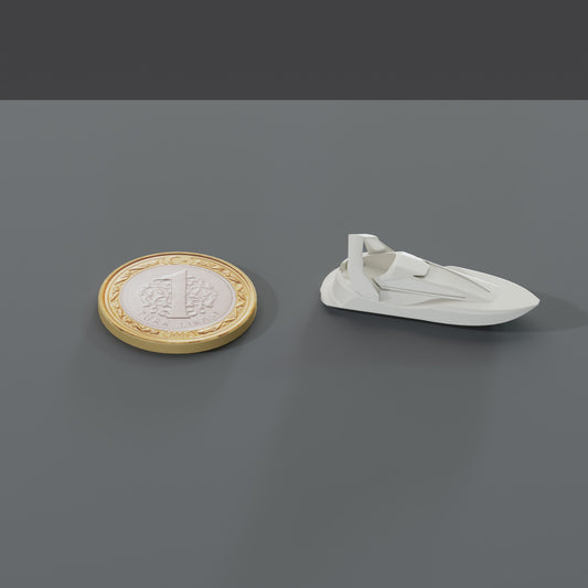 Minyatür Motorlu Tekne No.39 — ölçekli render: 1 TL madeni paranın yanında XL boy (37 mm)