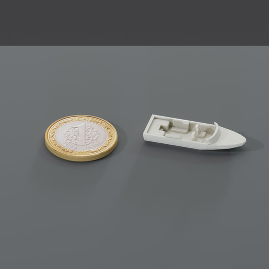 Minyatür Motorlu Tekne No.8 — Sürat — ölçekli render: 1 TL madeni paranın yanında XL boy (37 mm)