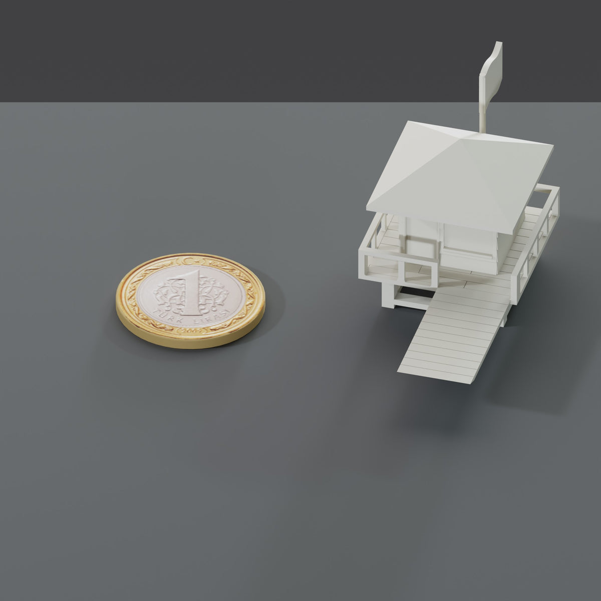 Minyatür Plaj Kabini No.6 — ölçekli render: 1 TL madeni paranın yanında XL boy (35 mm)