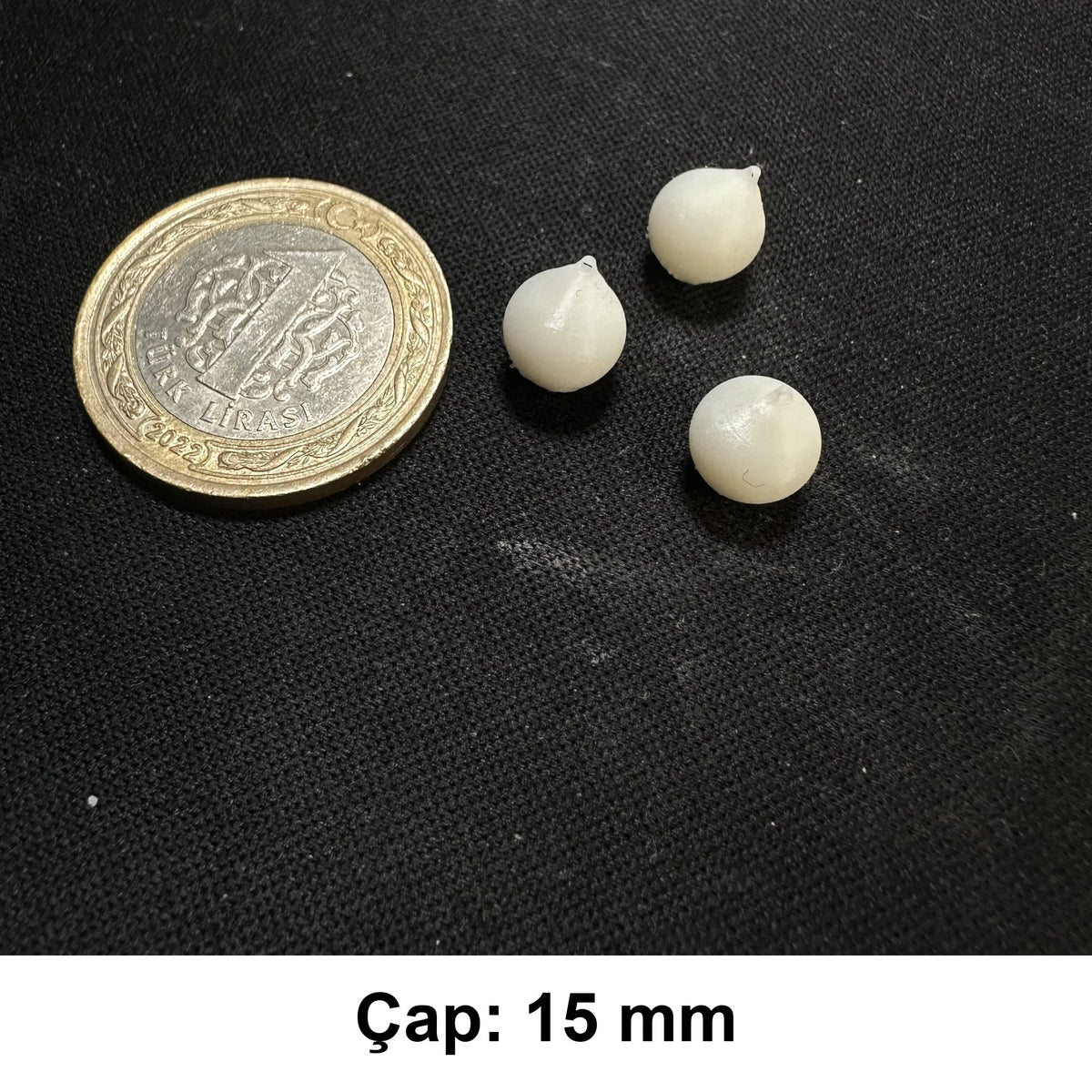 Minyatür Şamandıra No.5 — Wefty baskısı, 1 TL madeni para ile ölçek karşılaştırması (Çap: 15 mm)