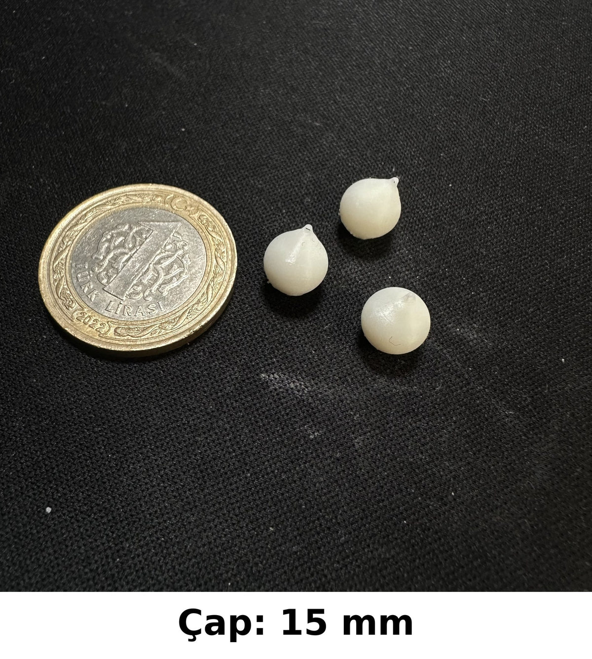 Minyatür Şamandıra No.5 — Wefty baskısı, 1 TL madeni para ile ölçek karşılaştırması (Çap: 15 mm)