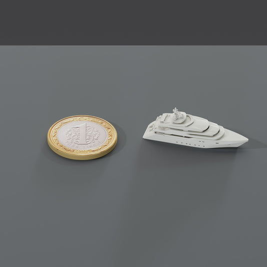 Minyatür Yat No.15 — ölçekli render: 1 TL madeni paranın yanında XL boy (40 mm)